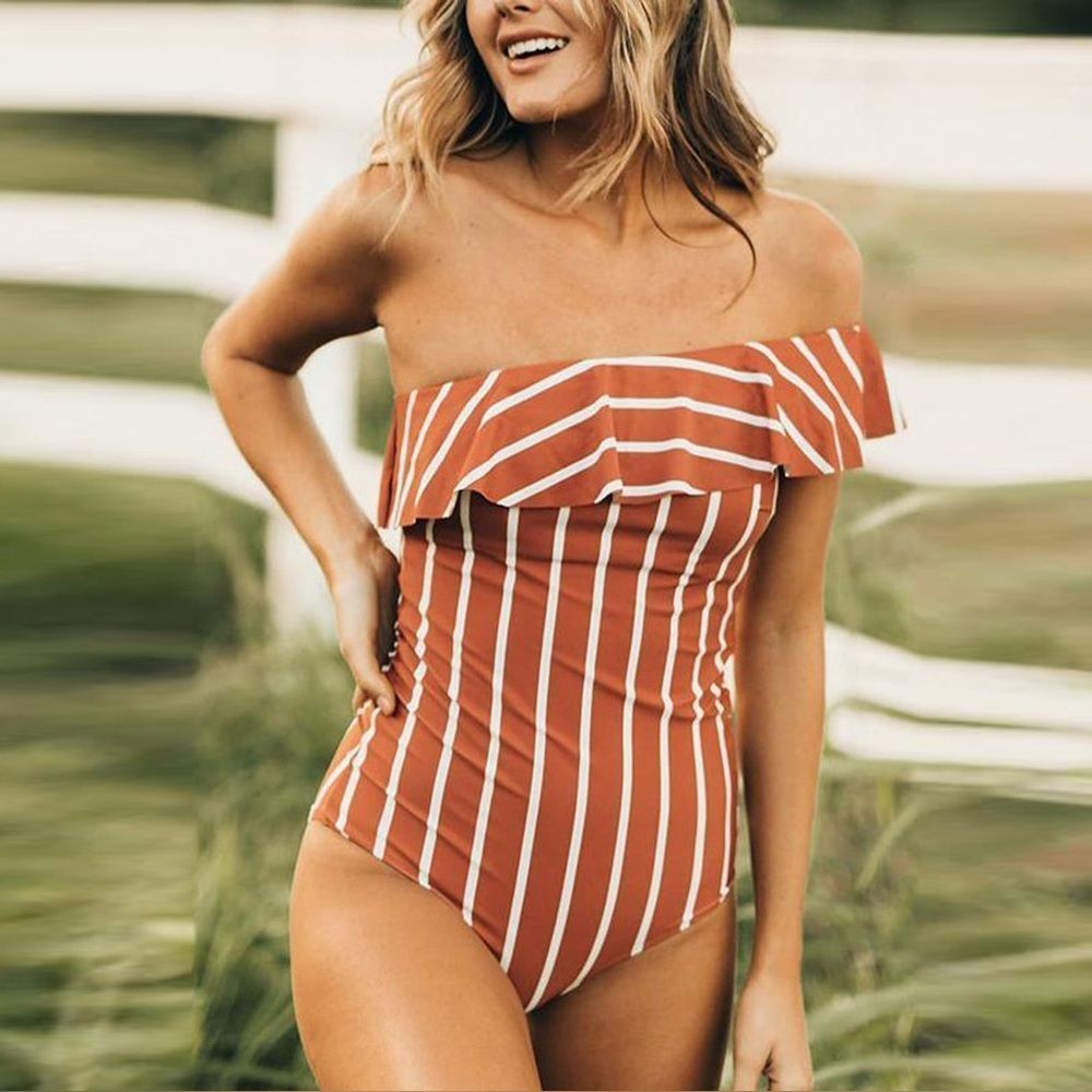 Albion Icon Wave Swimsuit One Shoulder Sydney Stripe Rust One Piece Size Large - Picture 4 of 16